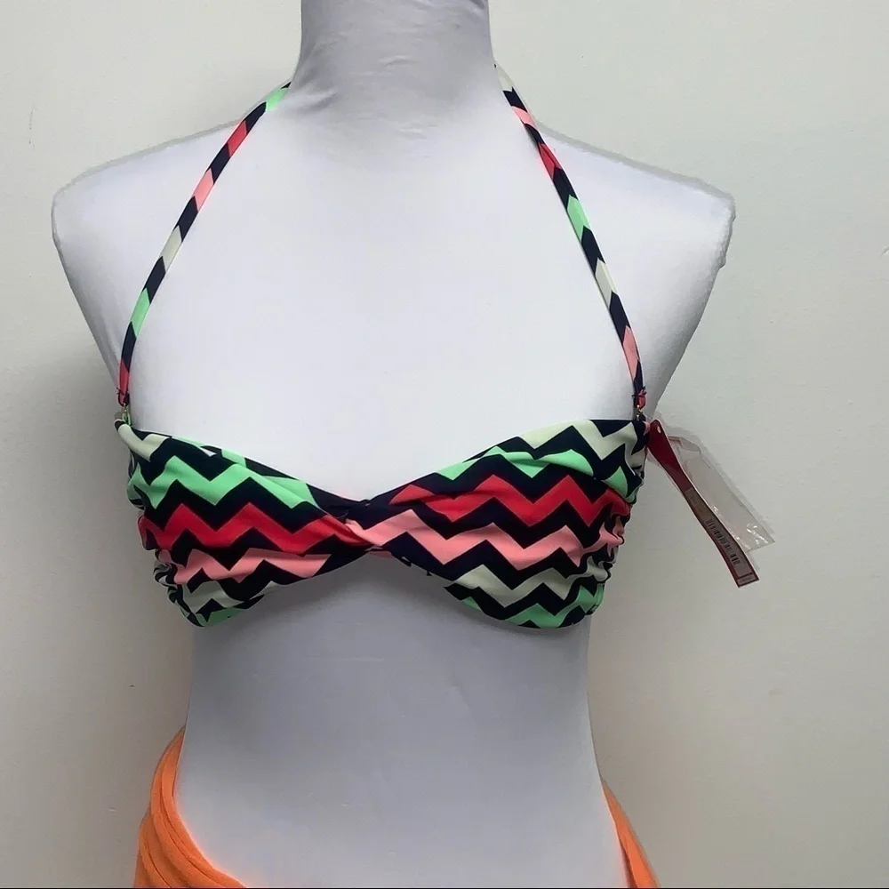 Xhilaration Size S Pink/Green/White Chevron Boho Halter Bikini Swim Top NWT NEW